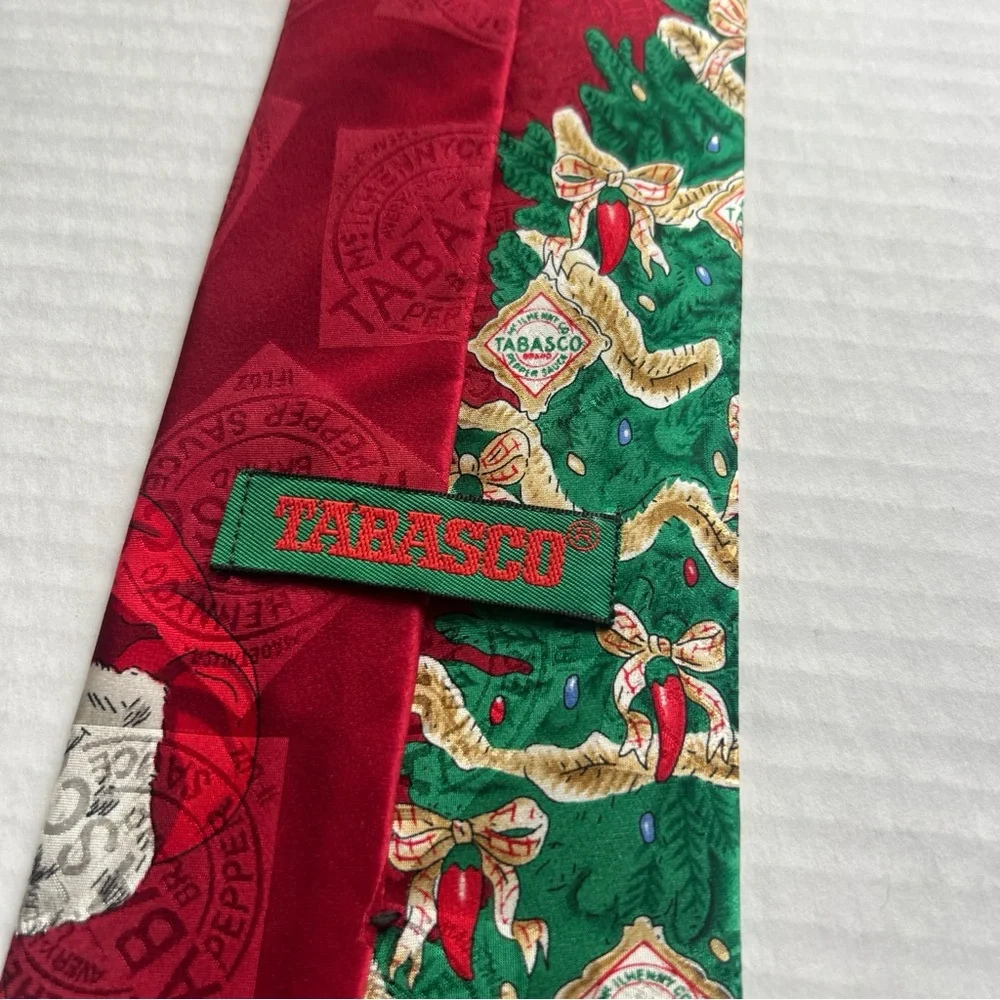 Tabasco Themed Christmas Silk Neck Tie Novelty Vintage Made in USA Holiday Party